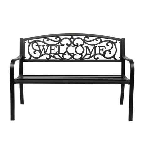 50" Outdoor Metal Welcome Bench, Garden Bench with Slatted Seat, Patio Bench for Park, Porch, Yard, Entryway, Black Generic