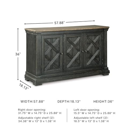 Signature Design by Ashley Tyler Creek Vintage Casual Dining Room Buffet Cabinet or Server with 3 Doors and Lattice Design, Wood, 36" High, Black & Gray Signature Design by Ashley