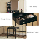 ALEXNUTRE Makeup Vanity Desk with Mirror and Lights, Small Vanity with Fabric Storage Drawer & Chair & Shelves, Vanity with Fold-up Panel and Power Outlet for Bedroom ALEXNUTRE