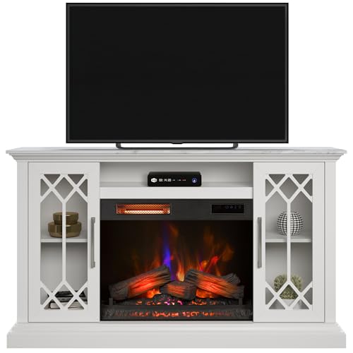 duraflame® Electric Fireplace Farmhouse Media Console for 65 Inch TVs with Glass Doors, Bright White Duraflame