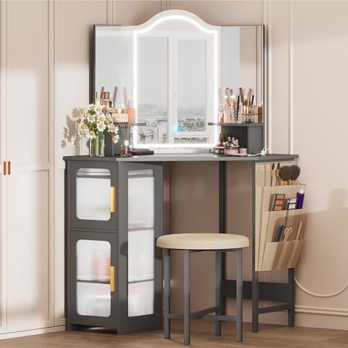 LVSOMT Corner Makeup Vanity Desk with Mirror and Lights, Dressing Table with Charging Station, Makeup Table with Stool, Storage Cabinet and Adjustable Shelf, Bedroom Vanity for Girls Women, Grey LVSOMT