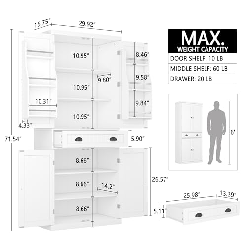 Function Home Tall Storage Cabinet, 64" Narrow Bathroom Cabinets, Freestanding Kitchen Pantry with Door Storage Shelves, Wooden Slim Floor Cabinets for Kitchen Dining Living Room, White - WoodArtSupply