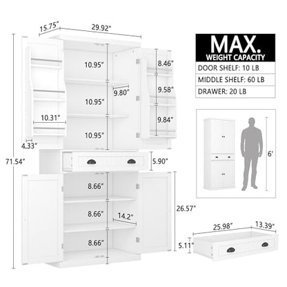 Function Home Tall Storage Cabinet, 64" Narrow Bathroom Cabinets, Freestanding Kitchen Pantry with Door Storage Shelves, Wooden Slim Floor Cabinets for Kitchen Dining Living Room, White - WoodArtSupply