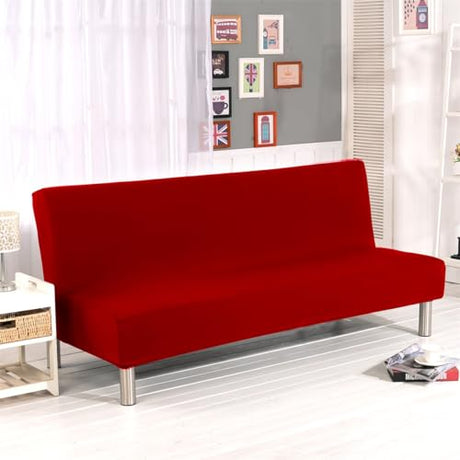 Homonic Solid Colour Armless Sofa Bed Cover Polyester Spandex Stretch Futon Slipcover 3 Seater Elastic Full Folding Couch Cover fits Folding Sofa Bed Without Armrests 80" x 50" in (Red) Homonic