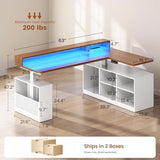 SEDETA L Shaped Electric Standing Desk, 63 inch Gaming Computer Desk with Storage Shelves and LED Lights, Height Adjustable Office Desk with Power Outlet and Pegboard, Brown Desktop SEDETA