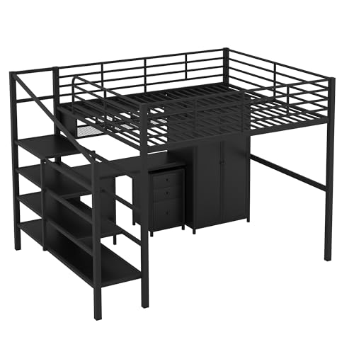 Metal Loft Bed Full Size with Desk, Wardrobe, Storage Cabinet, Ladder,Stairs and Guardrail, Sturdy Framework, No Noise Merax