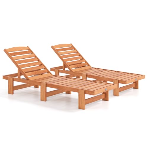 Tangkula Lounge Chair Outdoor, Solid Wood Patio Chaise Lounge with 5-Level Adjustable Backrest, Wooden Slatted Beach Pool Sunbathing Recliner for Outside Backyard, 500 LBS Max Load (2,Natural)