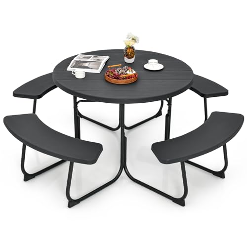 Tangkula 8 Person Picnic Table, Outdoor Round Picnic Table with 4 Built-in Benches, Umbrella Hole, Metal Frame & HDPE Tabletop, Outside Table and Bench Set for Backyard, 2300lbs Weight Capacity Tangkula