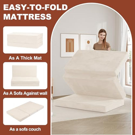 6-Inch Tri-Fold Foldable Mattress, Folding Sofa Bed with Removable Washable Cover, Portable Futon Mattress Full Size Floor Guest Mat with Non-Slip Bottom & Carry Handles for Camping (Beige, Queen) AOLVDOW