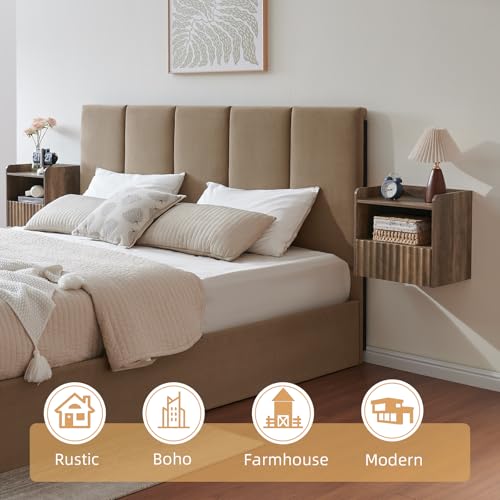 BuildHom Modern Fluted Floating Nightstand Wall Mounted Set of 2- Bedside Table with Storage Drawer & Display Shelf, Minimalist Bedroom Furniture for Studio Apartments(Rustic Brown) BuildHom