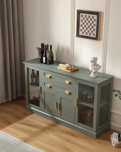 FOREST GRAVITY 58.27'' Buffet Cabinet with 2 Drawers and Adjustable Shelves,Large Glass Door Coffee Bar Cabinet,Modern Farmhouse Sideboard Credenza for Kitchen,Green FOREST GRAVITY