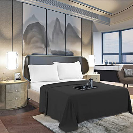 Mocassi Queen Flat Sheet - Hotel Luxury 1800 Premier Cooling Bedding Sheet - Softest Sheets - Wrinkle, Fade, Stain Resistant - 1 Single Top Flat Sheet, Queen, Black Mocassi