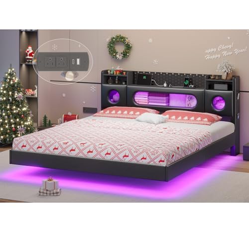 Dnxao California King Bed Frames with Hidden Storage Headboard, Modern Floating Bed Frame with LED Lights & Charging Station (USB-C), Recessed Non-Slip Platform Bed No Box Spring Needed, PU Black Dnxao
