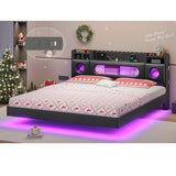 Dnxao California King Bed Frames with Hidden Storage Headboard, Modern Floating Bed Frame with LED Lights & Charging Station (USB-C), Recessed Non-Slip Platform Bed No Box Spring Needed, PU Black Dnxao
