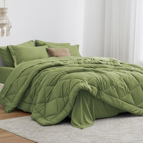 Love's cabin Twin Comforter Set Olive Green, 5 Pieces Twin Bed in a Bag, All Season Bedding Sets with 1 Comforter, 1 Flat Sheet, 1 Fitted Sheet, 1 Pillowcase and 1 Pillow Sham Love's cabin