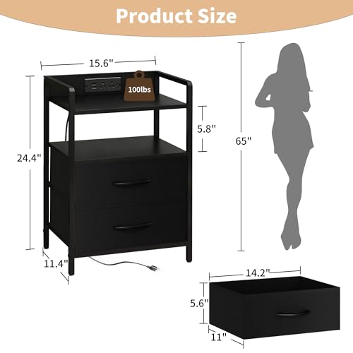 HONGOUZWL Night Stand with Charging Station, LED Nightstand with Storage 2 Shelfs & 2 Fabric Drawers, Morden End Table with U-S-B Ports & AC Outlets, Black HONGOUZWL