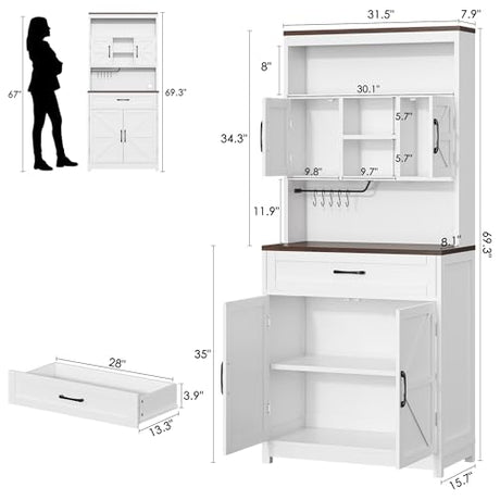 kepptory 69" Tall Farmhouse Kitchen Pantry Cabinet, Kitchen Hutch Bar Cabinet with Drawers&Cup Holder, Large Wooden Storage Cabinets with Barn Doors&Microwave Stand, Cupboard for Dining Room(White) kepptory