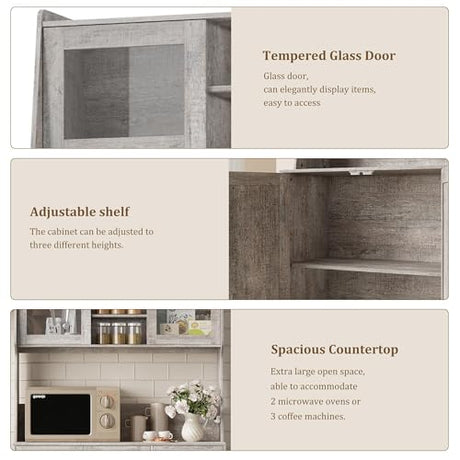 GarveeHome 67 in Tall Kitchen Hutch Storage Cabinet, Coffee Bar Cabinet with 3 Drawers and LED Lights, Freestanding Food Pantry with Countertop for Living Dining Room, Grey GarveeHome