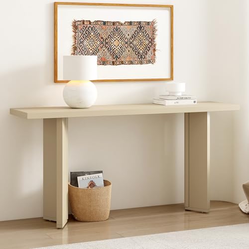 Merax 63-Inch Minimalist Console Table with Pine Veneer and Geometric Legs, Stylish Narrow Entryway Table for Living Room, Dining Room, Hallway and Study, Beige Merax