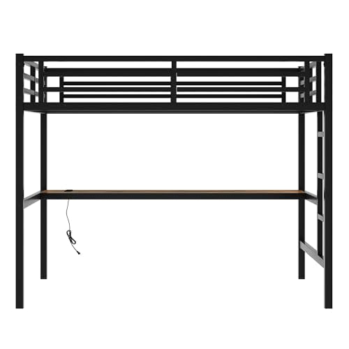 Bellemave Full Loft Bed with Desk and LED, Metal Full Loft BedFrame with guardrail and Ladder for Adults, Kids, Teens, Black Bellemave