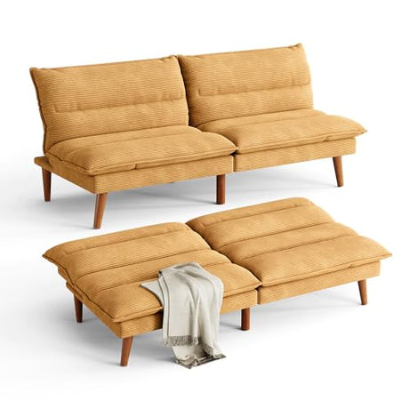 LINSY Futon Sofa Bed - 71 Inch Corduroy Futon Couch with Adjustable Backrest Convertible Folding Futons Sofa Couches for Small Spaces Living Rooms Apartment Office (Yellow) LINSY