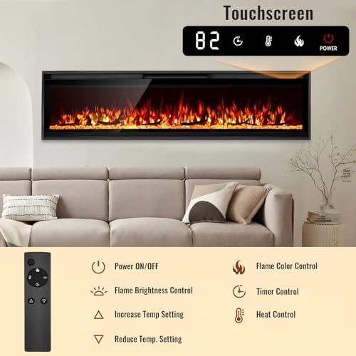 TUAN Electric Fireplace Inserts, Ultra Thin Wall Mounted Fireplace with Remote Control, Multicolor Realistic Flame, Touch Screen, Thermostat, Timer, 750w/1500w (Log & Crystal Included) (60 inch) TUAN