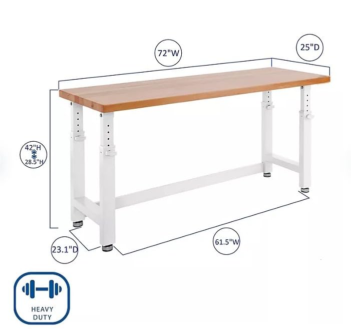 Heavy Duty Height Adjustable Workbench Table with Solid Wood Top, 1000 to 2000 lbs. Weight Capacity Workstation for Garage, Warehouse, Workshop, (28.5" to 42") Height (White, 72" W x 25" D) Generic