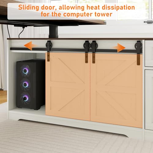 63" Farmhouse Electric Standing Desk Adjustable Height Sit Stand Corner Stand Desks, L Shaped Standing Computer Desk with Power Outlets & Storage Drawers & Sliding Door for Home Office, White St.Mandyu