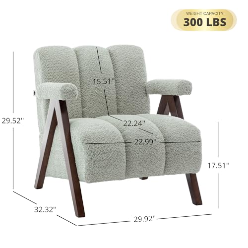DRKAT Mid Century Modern Accent Chair with Solid Wood Frame, Boucle Upholstered Living Room Chairs with Thick Cushion, Comfy Tufted Arm Chair for Bedroom, Sage DRKAT