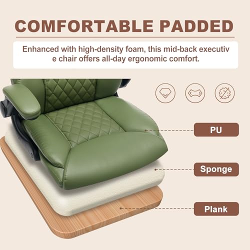 JOYNET Home Office Chair with Lumbar Support, Thickened Seat, Small PU Leather Desk Chair Swivel Rocking, Comfy Computer Chairs with Rolling Wheels & Flip up Armrests, Executive Chair |Green JOYNET