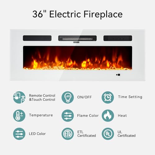 MXV 70'' Floating TV Stand, Modern Media Entertainment Center with 36" Electric Fireplace, TV Console Cabinet Wall Mounted, Adjustable 12-Color LED Lights, for Living Room, White + White MXV