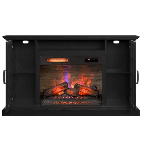 duraflame® Electric Fireplace Media Mantel for TVs up to 65 inches and Farmhouse Storage Cabinets, Black Embossed Ash Duraflame