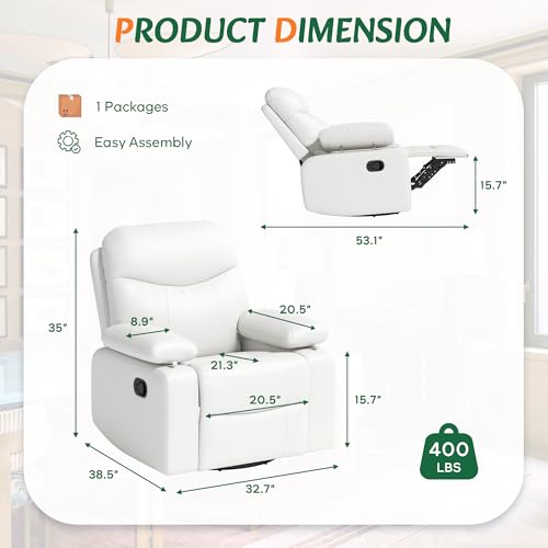 Nursery Glider Recliner with Adjustable Armrests, Oversized Comfortable Nursing Chair for Breastfeeding Moms, 360°Swivel, 90°-160° Recline, Quiet Rocking Chair Nursery for Living Room, White