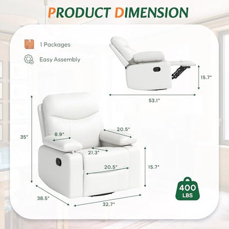 Nursery Glider Recliner with Adjustable Armrests, Oversized Comfortable Nursing Chair for Breastfeeding Moms, 360°Swivel, 90°-160° Recline, Quiet Rocking Chair Nursery for Living Room, White AILEEKISS