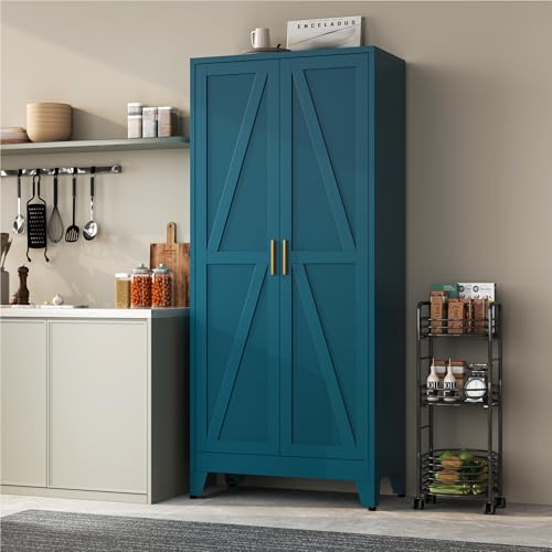 YAUWOH 71''Metal Cabinet with 4 Adjustable Shelves,5-Tier Pantry Storage Cabinet,Kitchen Pantry Cabinet for Living Room,Dining Room, Blue YAUWOH