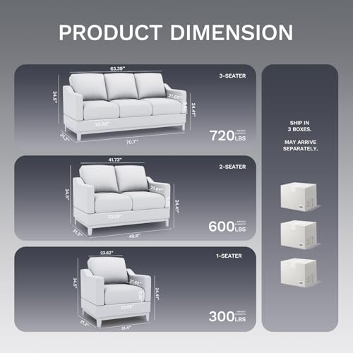 Sectional Sofa Couch Set-Living Room Sofa Set, 3-Seater Couch, Loveseat Sofa and Armchair, Modern Versatile Convertible Modular Sofa Set for Living Room/Apartment-Darkgrey