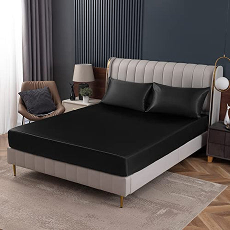 Homiest Black Satin Fitted Sheet Full Size Deep Pocket Luxury & Ultra Soft Bedding Single Bottom Bed Sheets Sold Separately Homiest