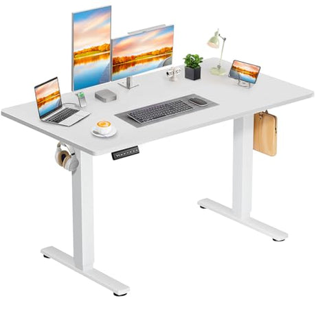 DUMOS Height Adjustable Electric Standing Desk, 47.2 x 23.6 Sit Stand Workstation with Memory Presets, Hooks & Cable Management, Ergonomic Computer Table for Home Office, White DUMOS
