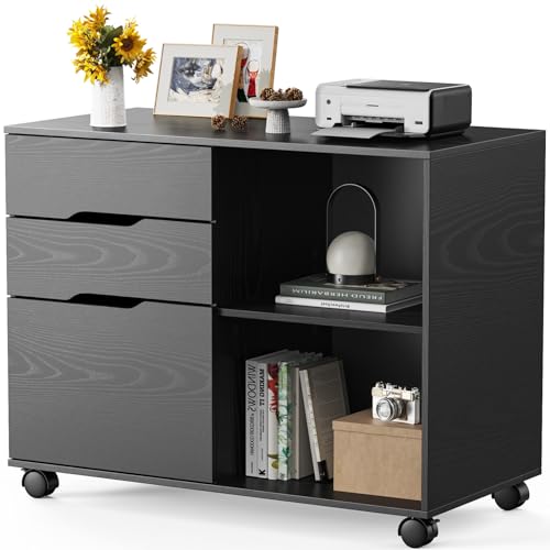 Sweetcrispy 3-Drawer File Cabinet, Lateral Mobile Filing Cabinet Wood Storage Organizer with Wheels, Printer Stand & Open Shelves for Home Office Under Desk Organization - Black - WoodArtSupply