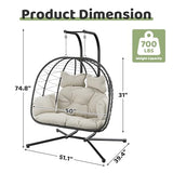 Bifanuo Double Hanging Egg Chair with Stand, Outdoor Indoor Swing Chair with Removable Cushion for 2 Person, Heavy Duty 700LBS Capacity for Patio, Bedroom, Garden (Black-Beige)
