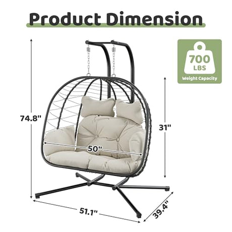 Bifanuo Double Hanging Egg Chair with Stand, Outdoor Indoor Swing Chair with Removable Cushion for 2 Person, Heavy Duty 700LBS Capacity for Patio, Bedroom, Garden (Black-Beige) Bifanuo