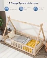 Tatub Twin Montessori House Floor Bed Frame with Rails and Roof - Nature-Inspired Kids Teepee Bed Tatub