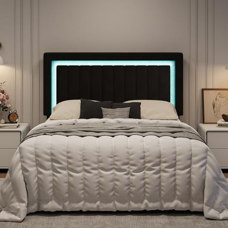 SHA CERLIN Queen Size Velvet Bed Frame with LED Light, Adjustable Vertical Channel Tufted Headboard, Strong Wooden Slats Support, Noise-Free, No Box Spring Needed, Black SHA CERLIN