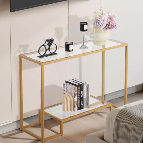 VEVOR 2-Tier Glass Console Table, Modern Rectangle Sofa Side Table with Tempered Glass Top and Iron Legs, Golden Consloe Desk with Anti-Tip Device for Living Room, Hallway, Entryway, Foyer, Golden VEVOR