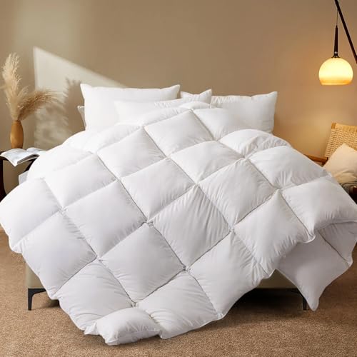 WhatsBedding Queen Size Feather Comforter, Filled with Feather and Down Fiber, White All Season Duvet Insert - Luxurious Hotel Bed Comforter - 100% Cotton Cover, Medium Warmth with Corner Tabs - 90x90 WhatsBedding