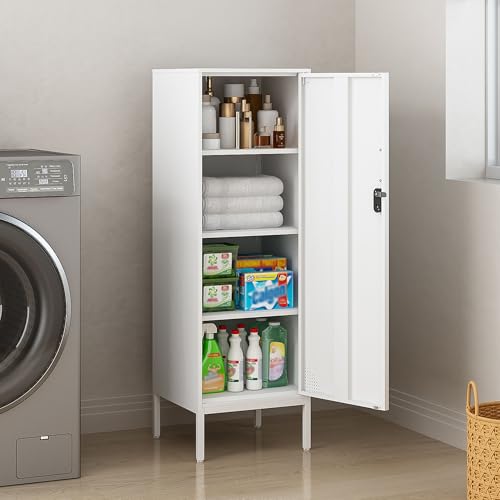 Steehoom Metal Cabinet with Lock Steel Storage Locker Lockable 4 Tier Bathroom Cabinet Changing Room Employee Locker for Home, Office, School, Gym, Garage (White, 15.75" D x 15.75" W x 49.21" H) Steehoom
