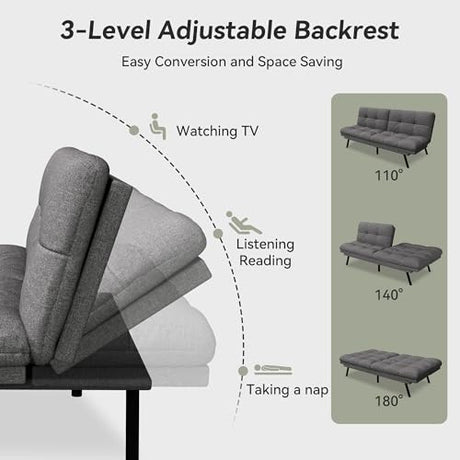 AMICLIBER Convertible Futon Sofa Bed,71" Memory Foam Futon Couch,Detachable Cushion,Adjustable Backrest & Armrest,Linen Modern Loveseat Sleeper Recliner for Living Room,Office,Apartment,Mist Grey AMICLIBER