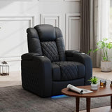 PBRO Home Theater Seating Top Grain Leather Recliner Chair, Movie Theater Chair Sofa with Power Reclining & Headrest USB Charger Ports Ambient Lighting, Black Single Seat for Home