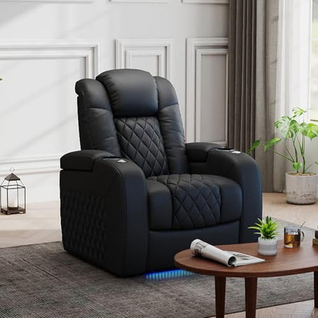 PBRO Home Theater Seating Top Grain Leather Recliner Chair, Movie Theater Chair Sofa with Power Reclining & Headrest USB Charger Ports Ambient Lighting, Black Single Seat for Home PBRO