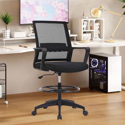 BestOffice Drafting Chair Tall Office Chair Adjustable Swivel Rolling Mesh Height with Lumbar Support Arms Footrest Mid Back for Adults Standing Desk Drafting Stool(Black) BestOffice